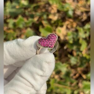14K White Gold Puff Heart Diamond & Pink Ruby Ring